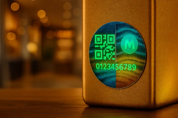 A micro-optic security label showing its 3D colour effect, with a QR code and unit serial, on a product tin